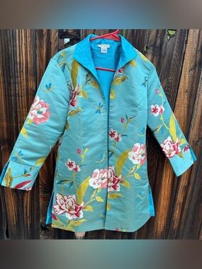 Grace Chuang Jacket, kimono style jacket featuring dragonfly and floral design.